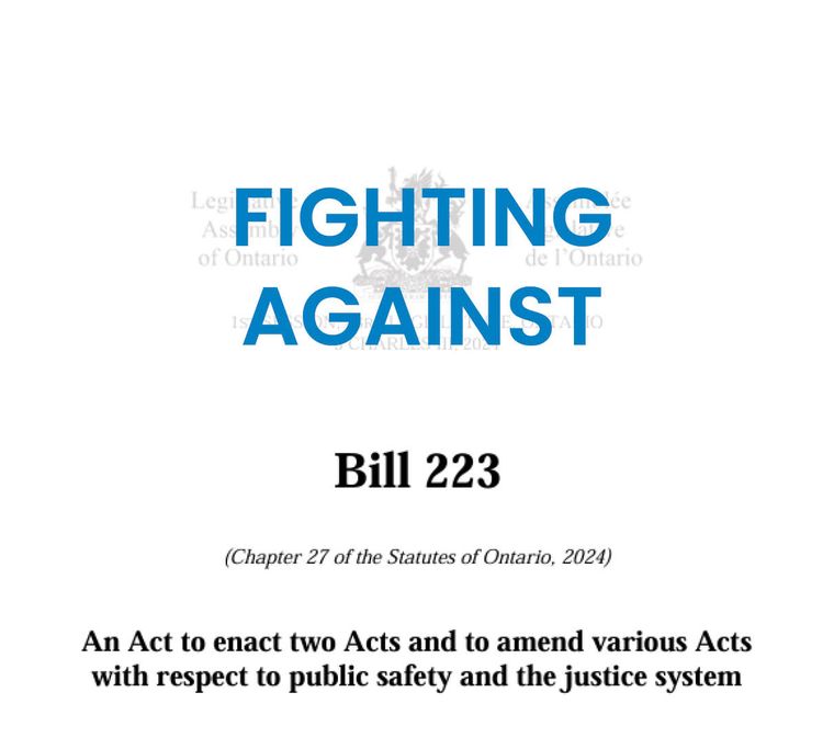 faded image of the Ontario Government's Bill 223 with this text superimposed above "Fighting against"
