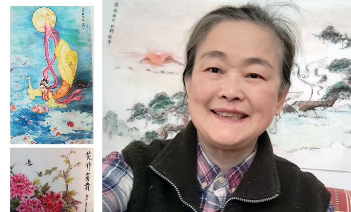 smiling senior with two pieces of artwork beside her