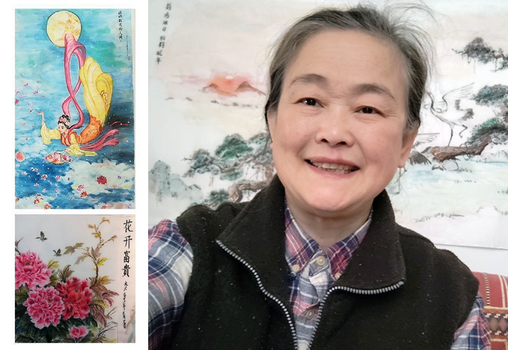 smiling senior with two pieces of artwork beside her